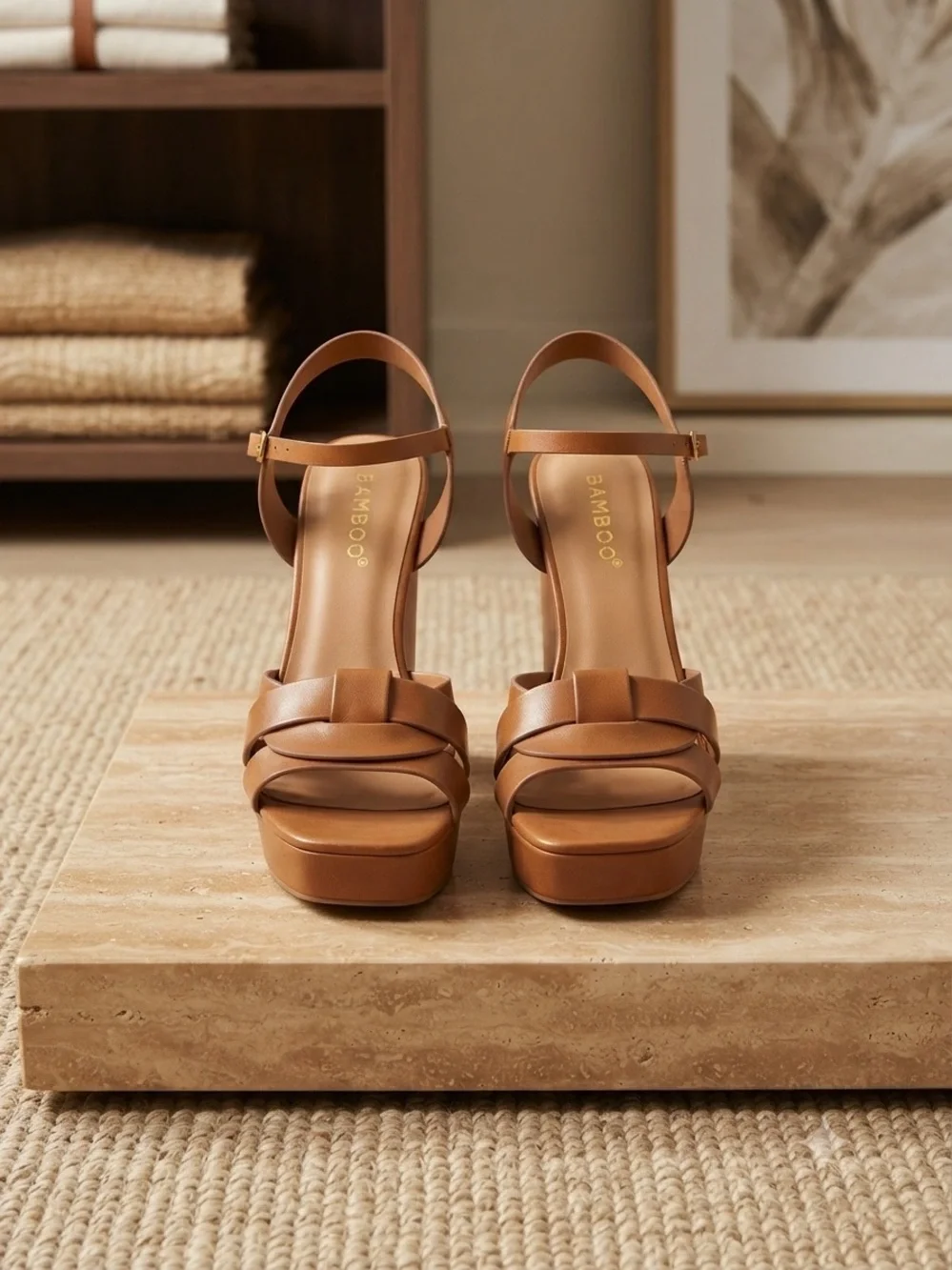 BAMBOO Tan Wedge Sandals with Strappy Faux-Leather Upper